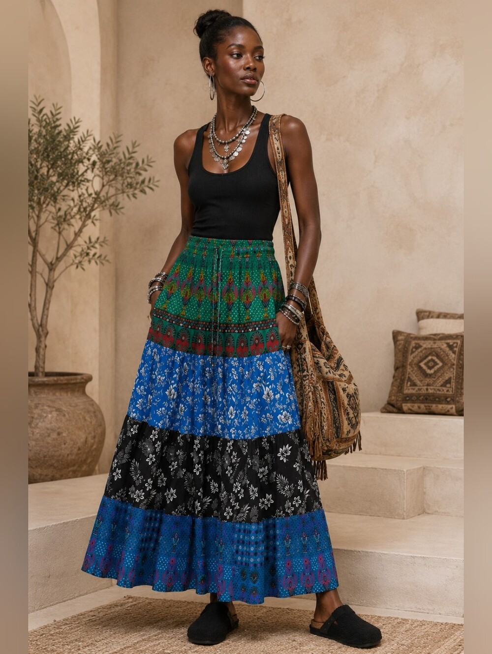 NWT Jackpot Breathable Boho Multi-Color Tiered Maxi Skirt Patchwork Gypsy